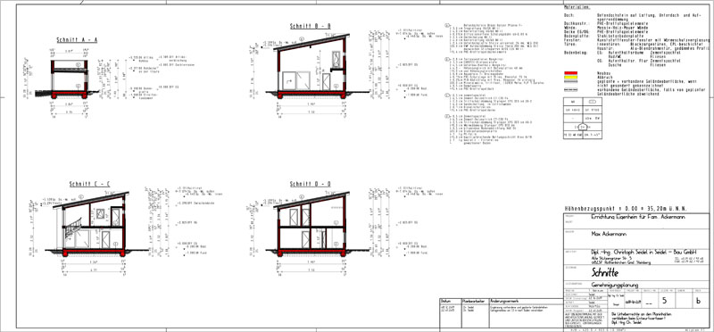 Schnitte des selbst entworfenen Massivholzhauses (Quelle: Seidel-Bau GmbH)