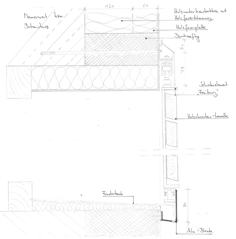 Vertikalschnitt A-A durch Wand und Schiebeladen (Quelle: Architektenzeichnung Helge Brandt)