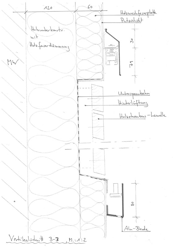 Vertikalschnitt B-B durch gedämmte Wand (Quelle: Architektenzeichnung Helge Brandt)