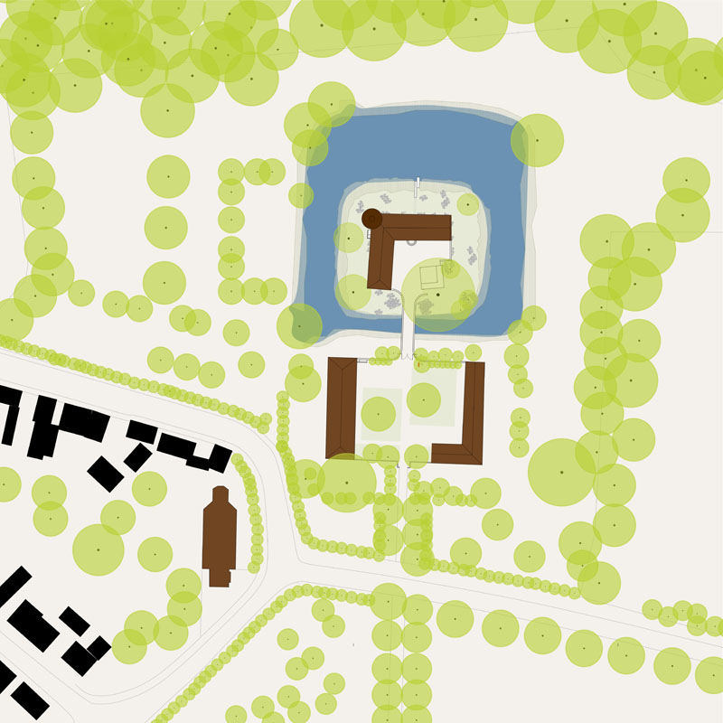 Lageplan mit Burggebäude auf der Insel, Vorburg und Umgebung (Quelle: Entwurf und Bauleitung: lüderwaldt architekten)