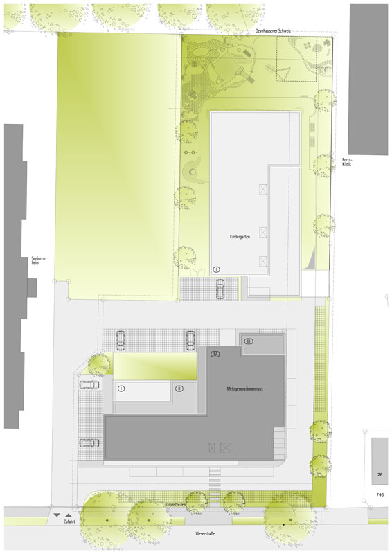 Lageplan Darstellung KIGA mit Außenanlagen und Neubau Partnerprojekt Mehrgenerationenhaus (Quelle: Architekten Bökamp)