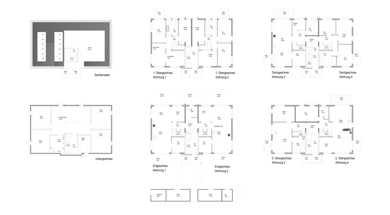 Grundrisse der vier Maisonette-Wohnungen und der Gemeinschaftsflächen des BaumhausLEFT. (Quelle: Oeko-Plan)