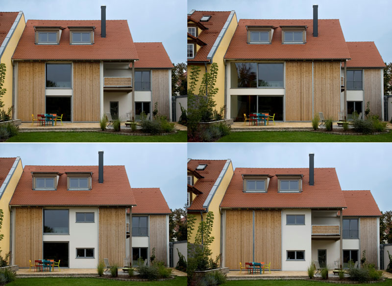 Außenansicht Neubau Einfamilienhaus - Fassade mit Holzschiebeelemente (Quelle: Silke Kossmann)