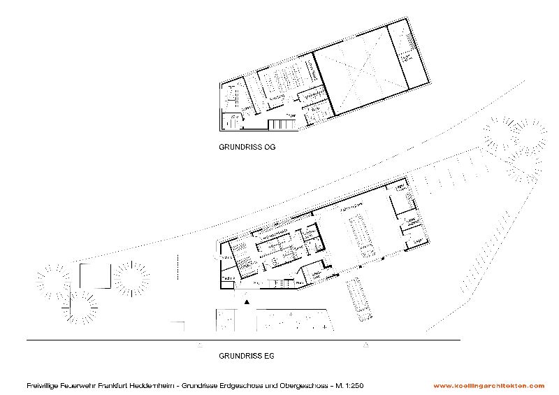 Grundrissse M. 1 : 250 , Erdgeschoss mit Freiflächen und Obergeschoss (Quelle: KÖLLING ARCHITEKTEN BDA)