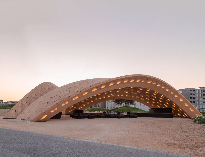 Der BUGA Holzpavillon spannt mit minimalem Materialeinsatz 30m über eine zentrale Veranstaltungsfläche auf der Sommerinsel der BUGA 2019 in Heilbronn. (Quelle: ICD/ITKE Universität Stuttgart), 74076 Heilbronn